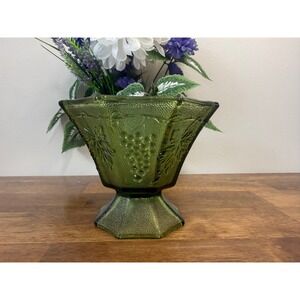 Vintage Indiana Glass Harvest Grape Green Pedestal Compote Bowl‎ Retro Planter